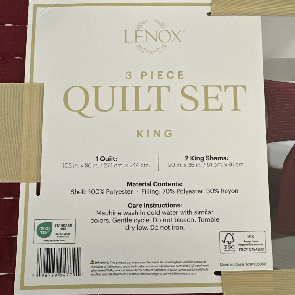 Lenox 3 Piece Quilt Set King Red Quilted Bedding Shams All Season